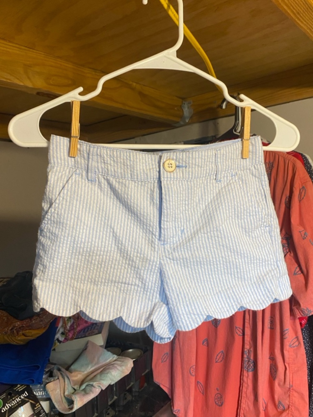 Girls Light Blue Seersucker Scallop Hem Shorts